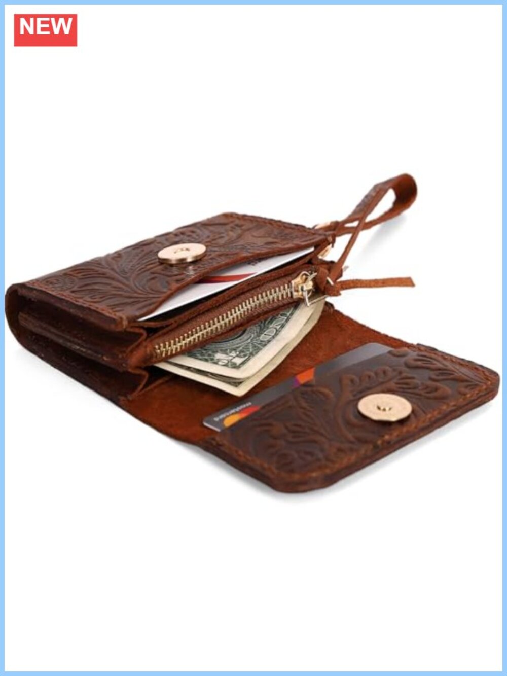 Handmade Full-Grain Leather Wristlet Wallet Floral Card Holder